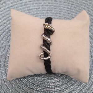 John Hardy Black Braided Leather Bracelet with Silver Snake with Gold Accents